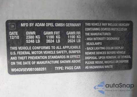 2011 Buick Regal Cxl Turbo Russelsheim из США, поврежденный, VIN W04GV5EV9B1088281